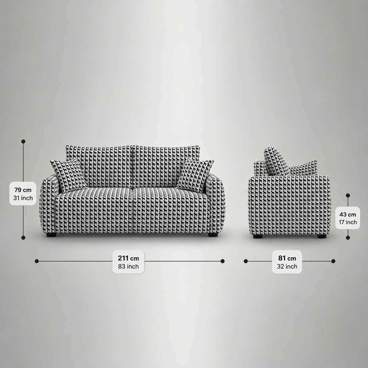 Orion Classic Houndstooth 3 Seater Premium Polyester Upholstered Sofa in White & Black