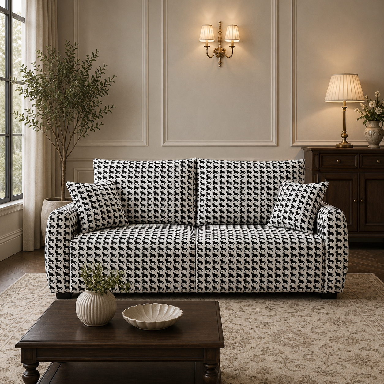 Orion Classic Houndstooth 3 Seater Premium Polyester Upholstered Sofa in White & Black