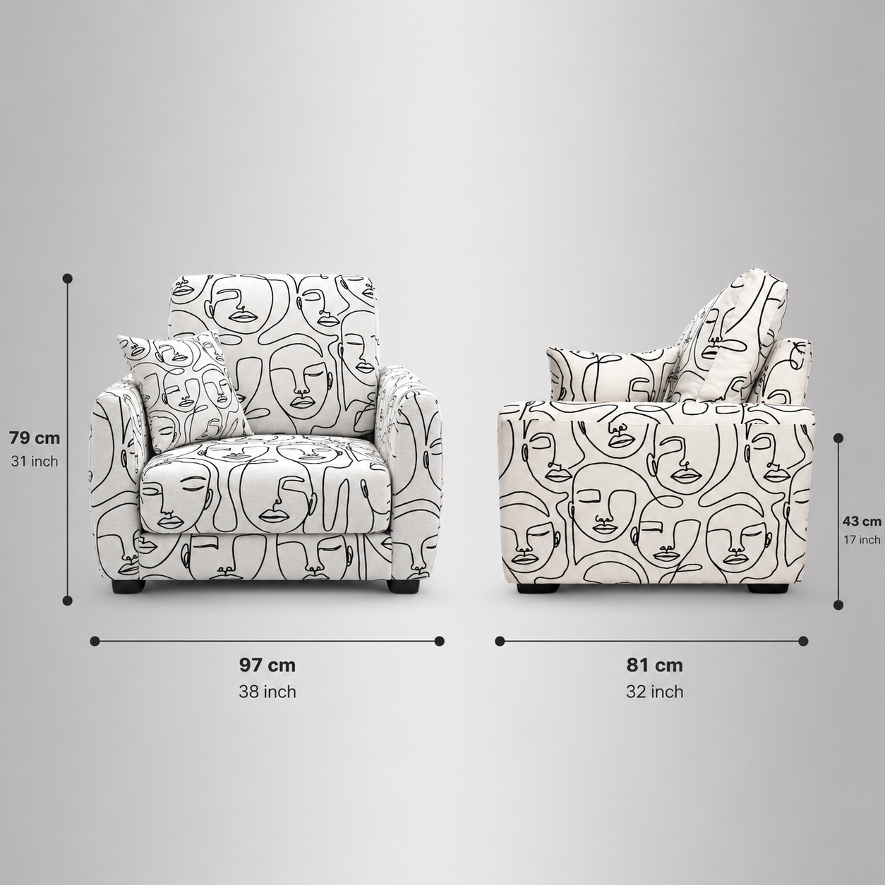 Orion Modern Muse 1 Seater Premium Polyester Upholstered Sofa in White & Black