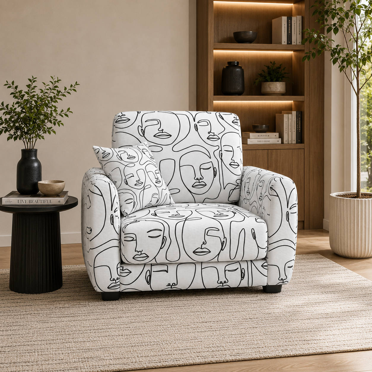Orion Modern Muse 1 Seater Premium Polyester Upholstered Sofa in White & Black