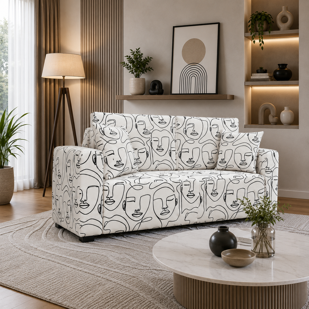 Orion Modern Muse 2 Seater Premium Polyester Upholstered Sofa in White & Black