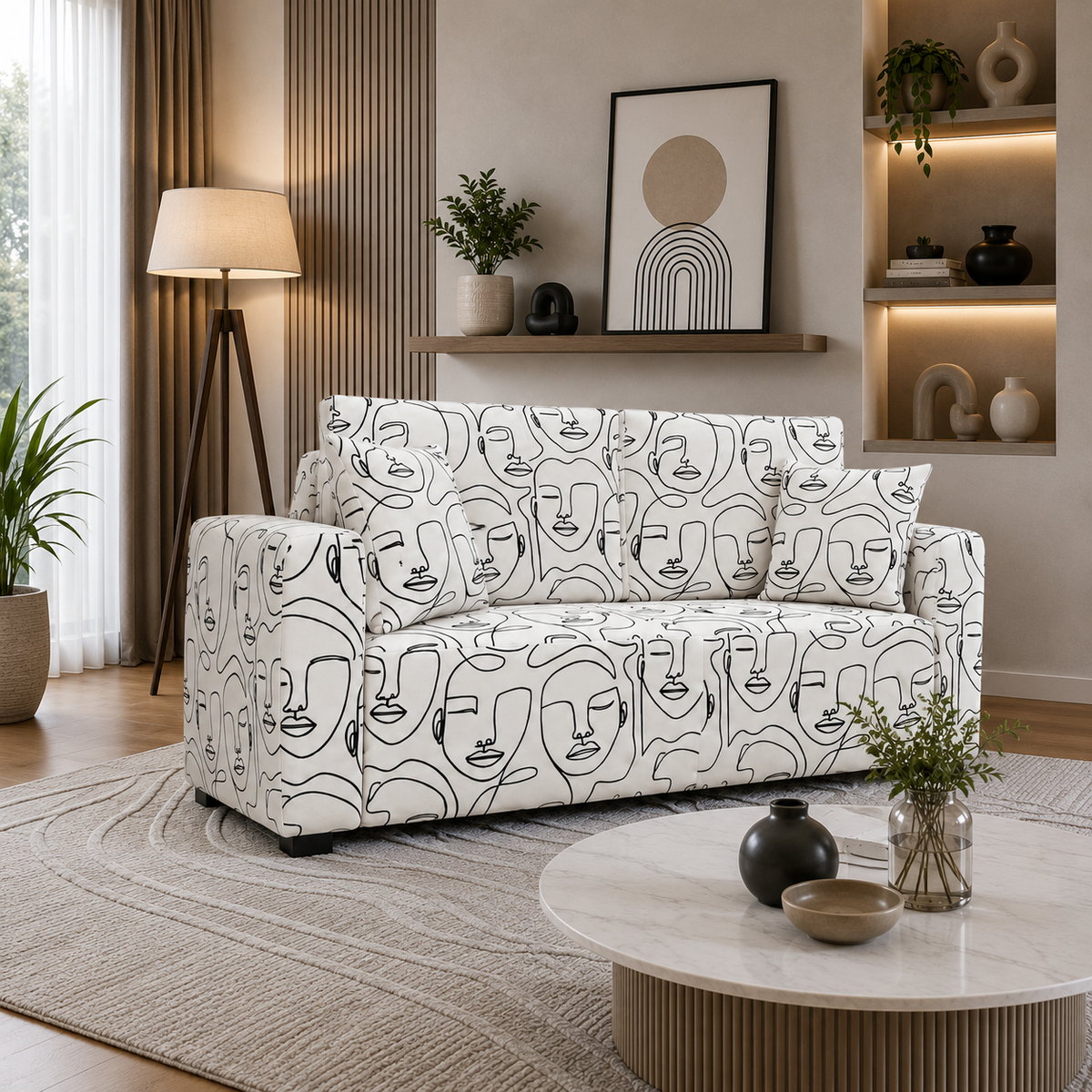 Orion Modern Muse 2 Seater Premium Polyester Upholstered Sofa in White & Black
