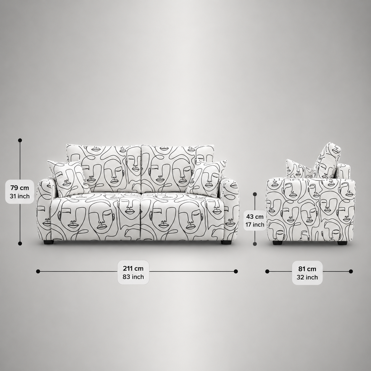 Orion Modern Muse 3 Seater Premium Polyester Upholstered Sofa in White & Black