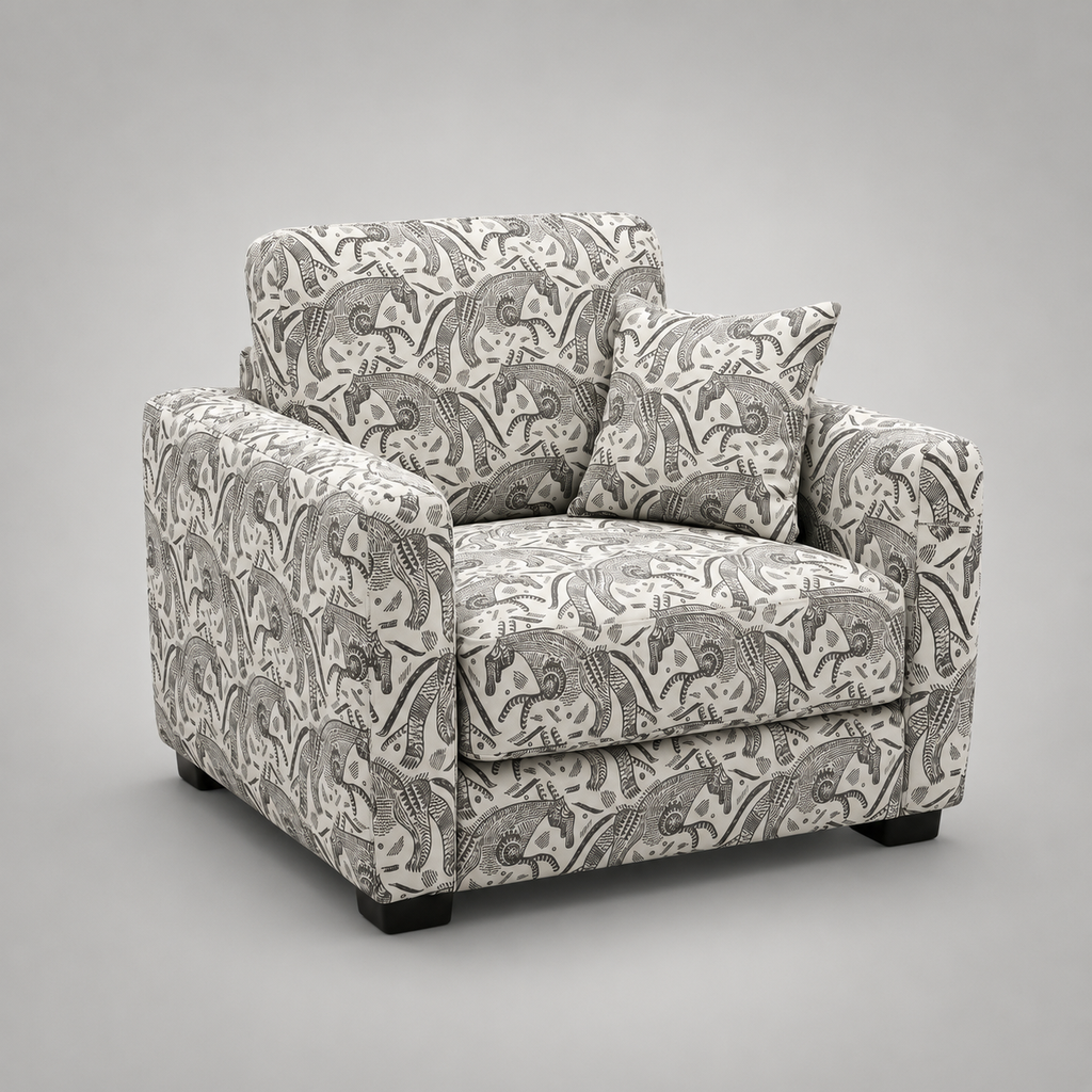 Orion Safari Sketch 1 Seater Premium Polyester Upholstered Sofa in White & Black
