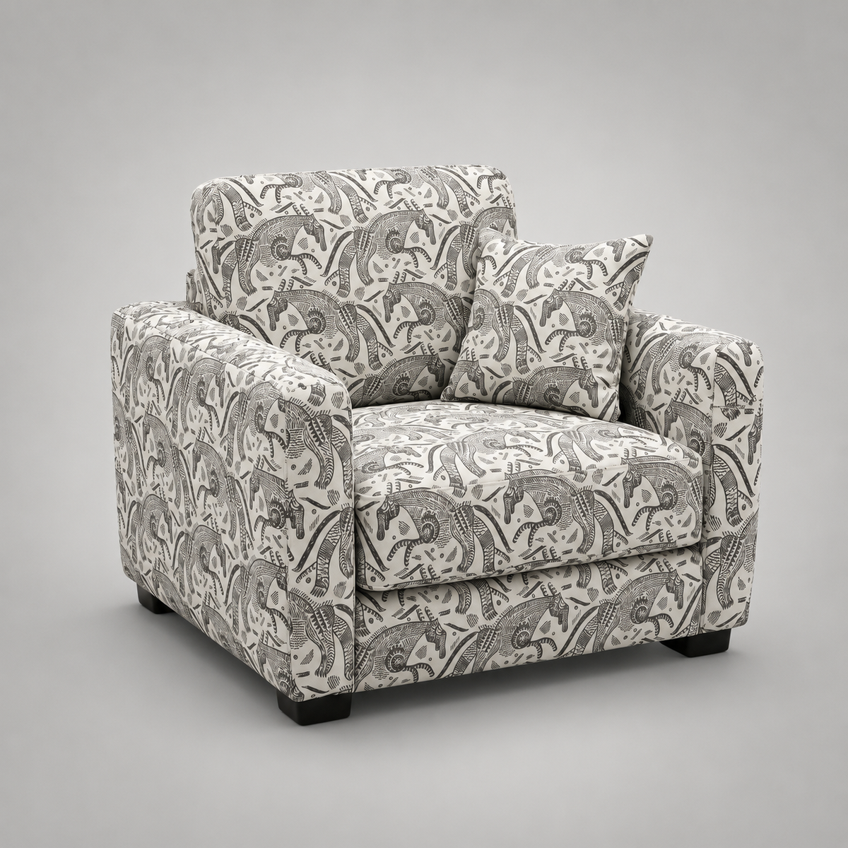 Orion Safari Sketch 1 Seater Premium Polyester Upholstered Sofa in White & Black