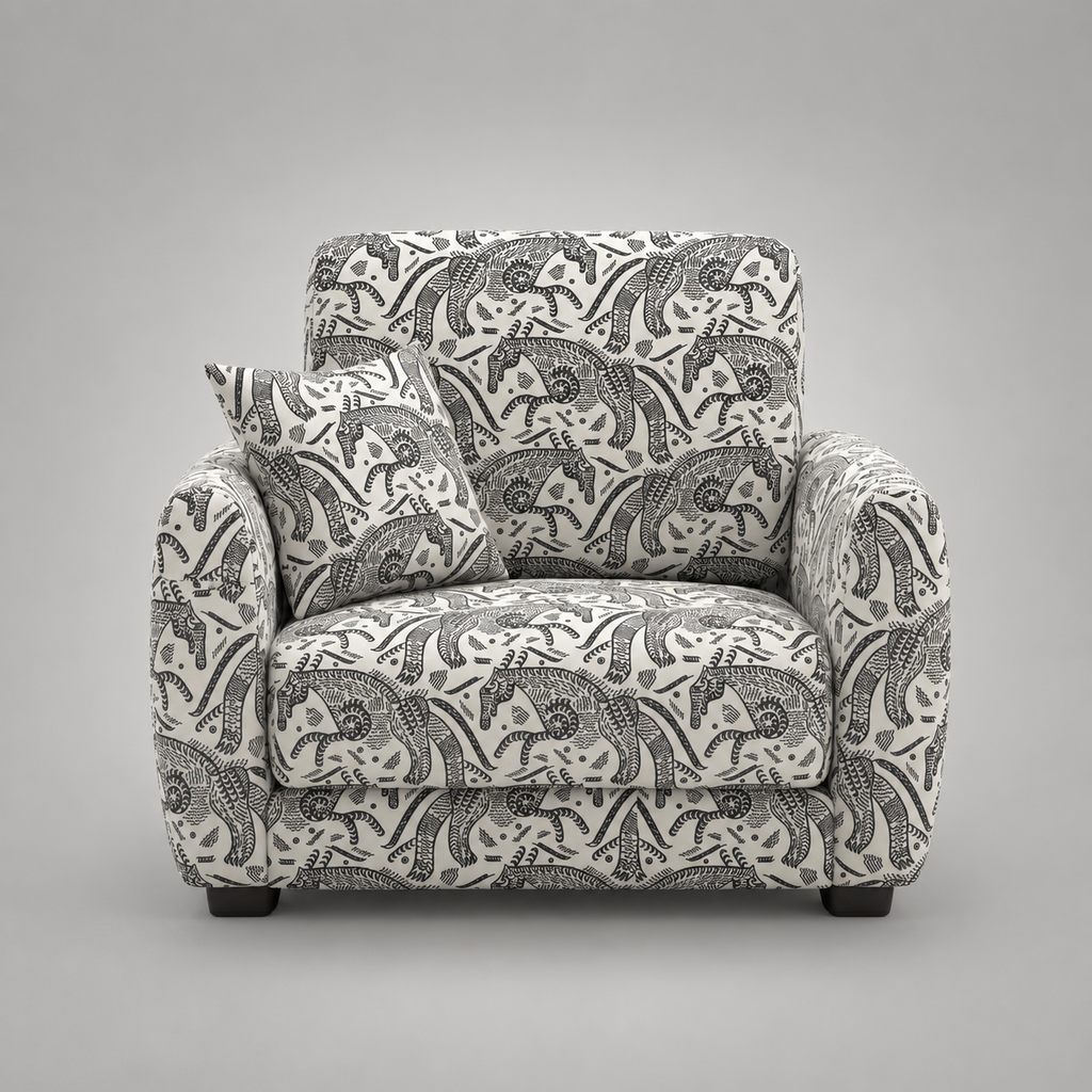 Orion Safari Sketch 1 Seater Premium Polyester Upholstered Sofa in White & Black