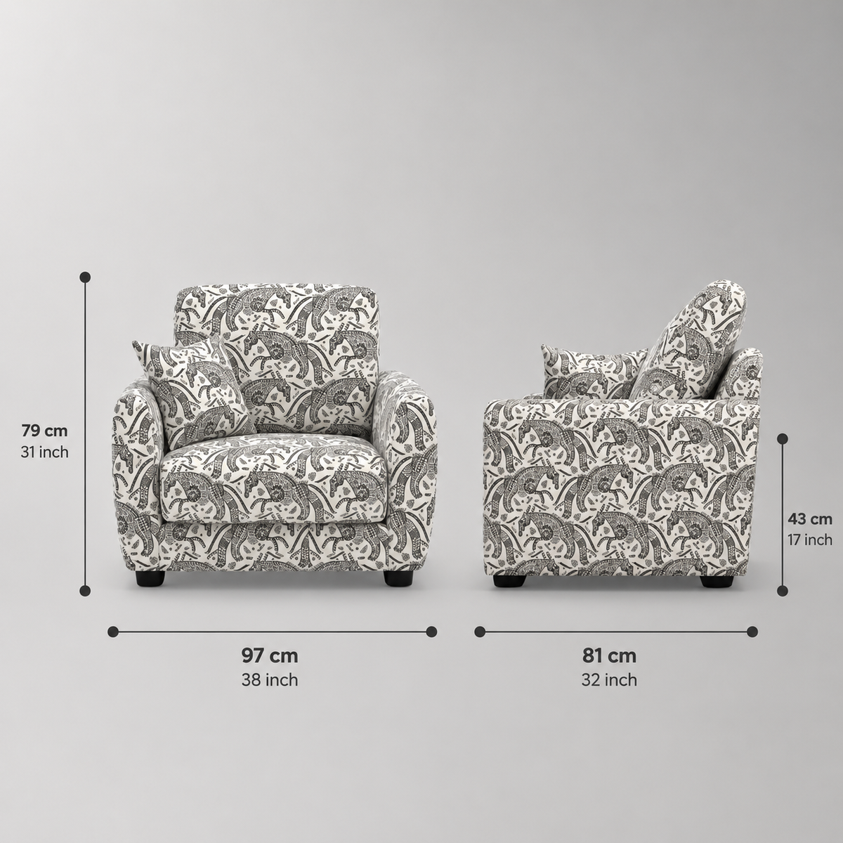 Orion Safari Sketch 1 Seater Premium Polyester Upholstered Sofa in White & Black