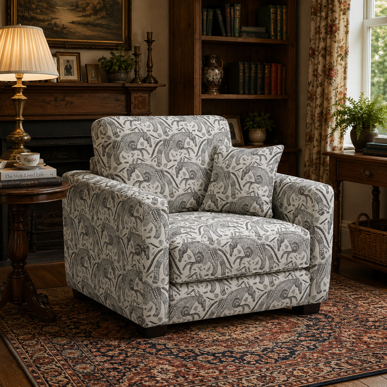 Orion Safari Sketch 1 Seater Premium Polyester Upholstered Sofa in White & Black