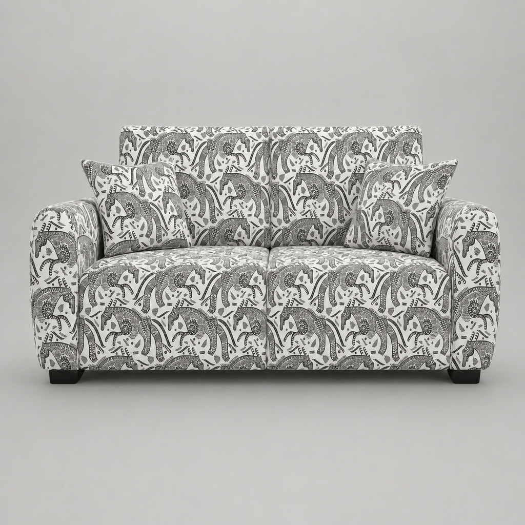 Orion Safari Sketch 2 Seater Premium Polyester Upholstered Sofa in White & Black