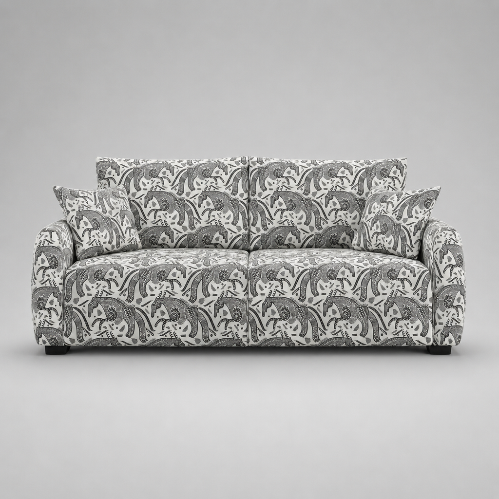 Orion Safari Sketch 3 Seater Premium Polyester Upholstered Sofa in White & Black