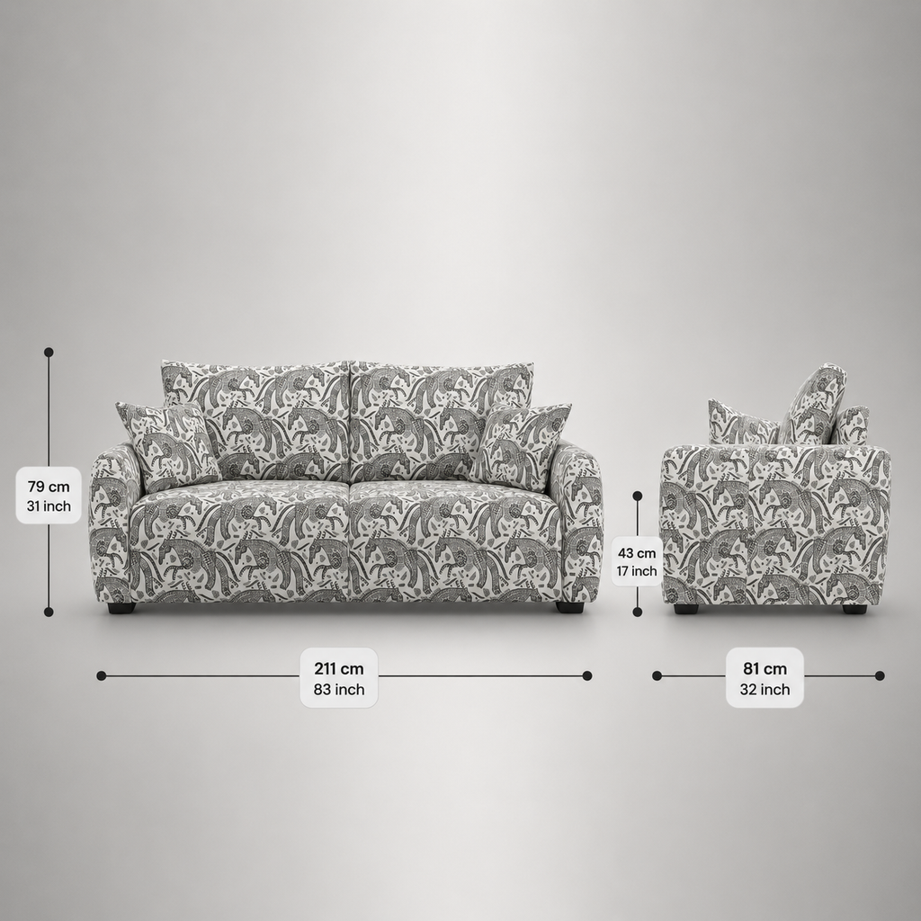 Orion Safari Sketch 3 Seater Premium Polyester Upholstered Sofa in White & Black