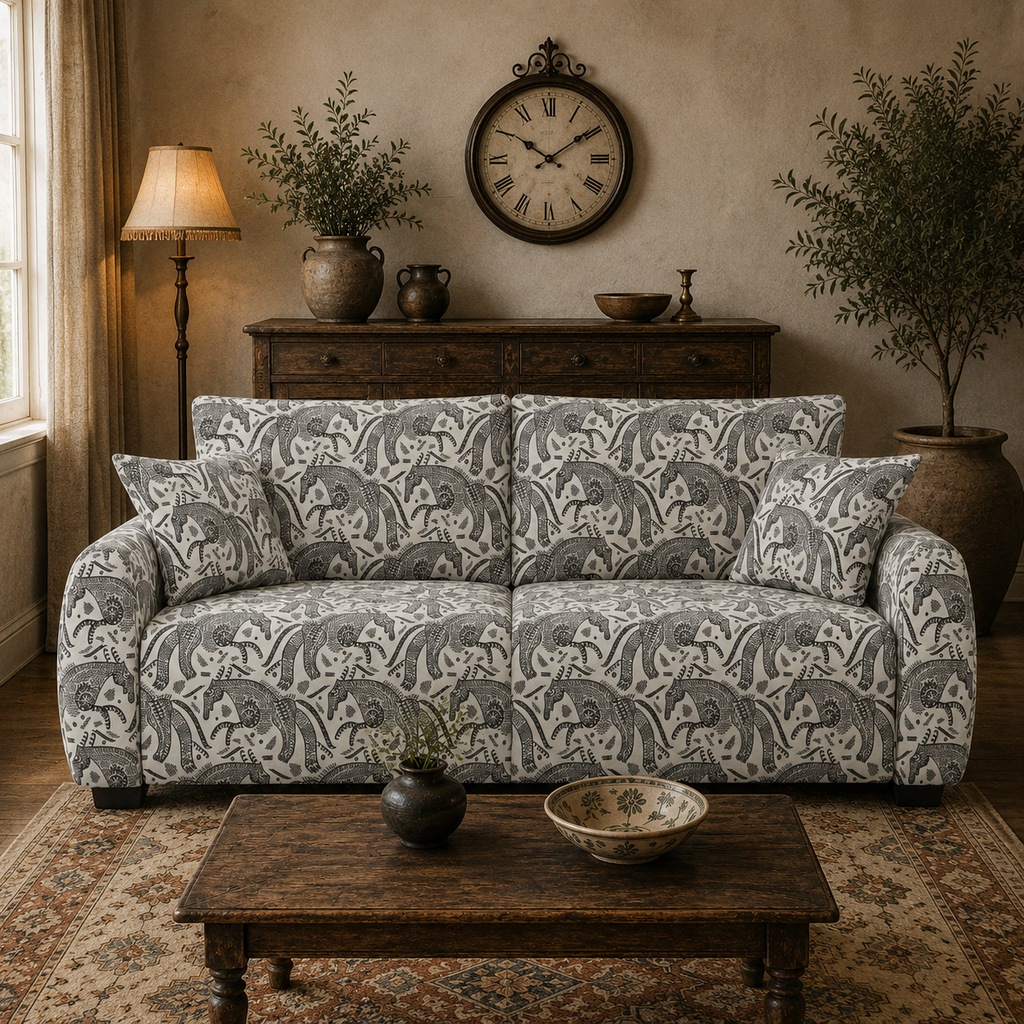 Orion Safari Sketch 3 Seater Premium Polyester Upholstered Sofa in White & Black