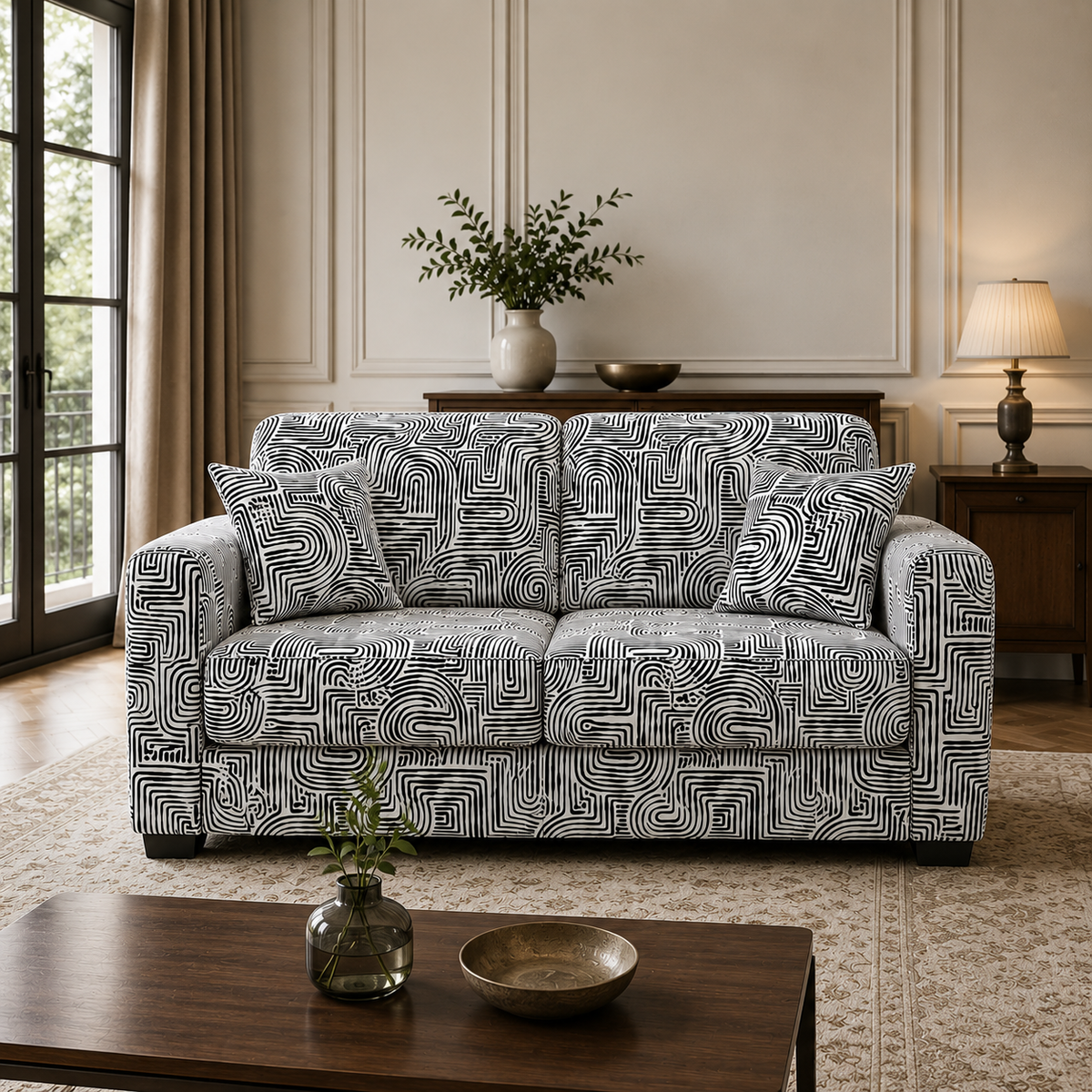 Orion Urban Maze 2 Seater Premium Polyester Upholstered Sofa in White & Black
