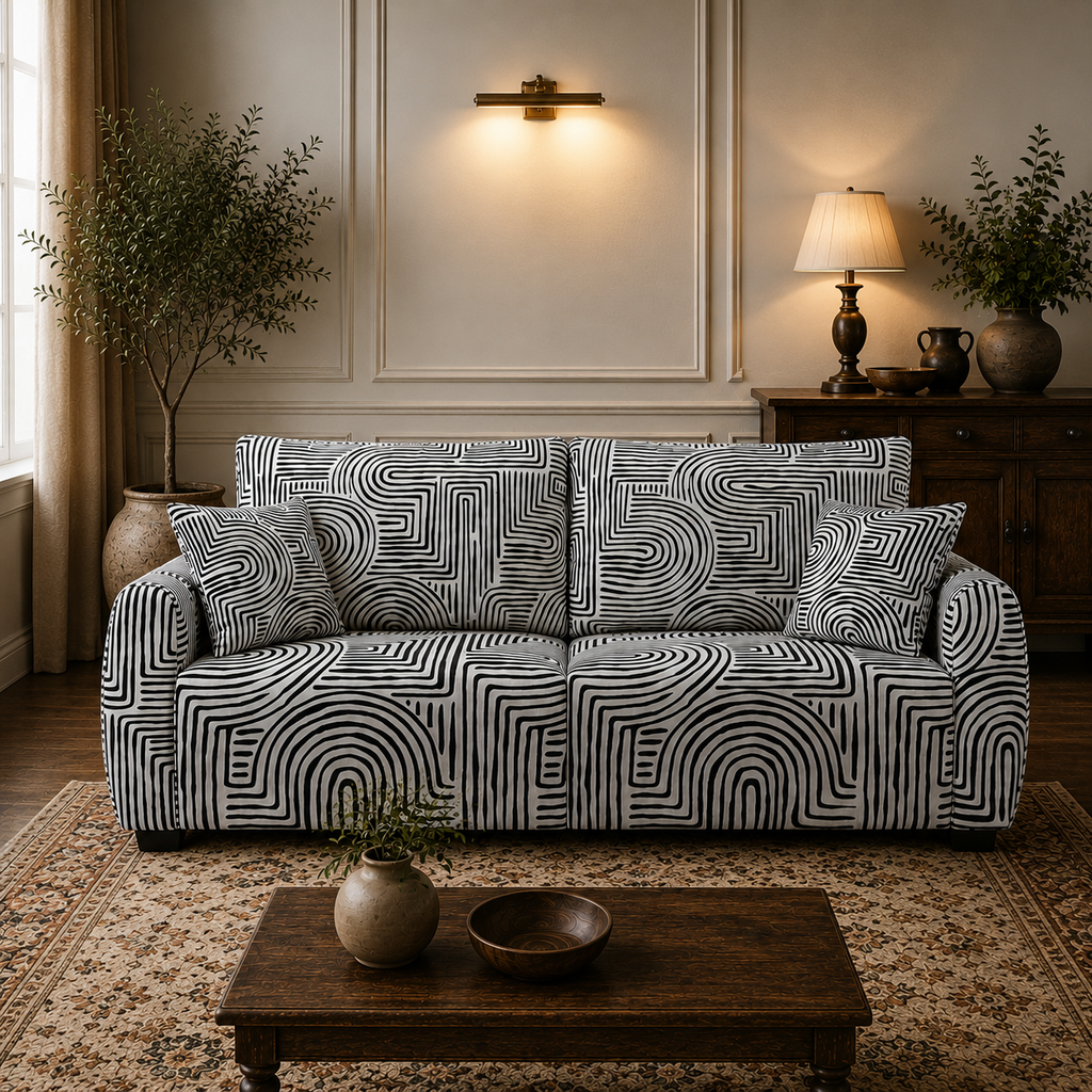 Orion Urban Maze 3 Seater Premium Polyester Upholstered Sofa in White & Black