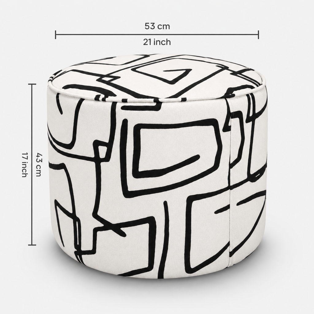 Regent Abstract Linear Premium Polyester Fabric Ottoman Pouffe in White & Black