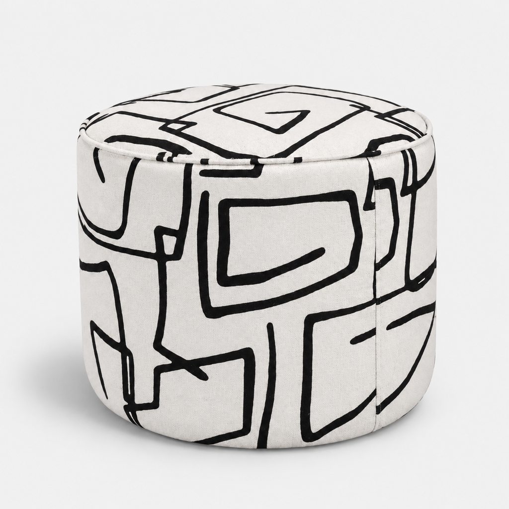 Regent Abstract Linear Premium Polyester Fabric Ottoman Pouffe in White & Black