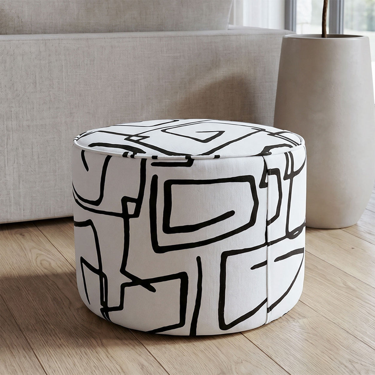 Regent Abstract Linear Premium Polyester Fabric Ottoman Pouffe in White & Black