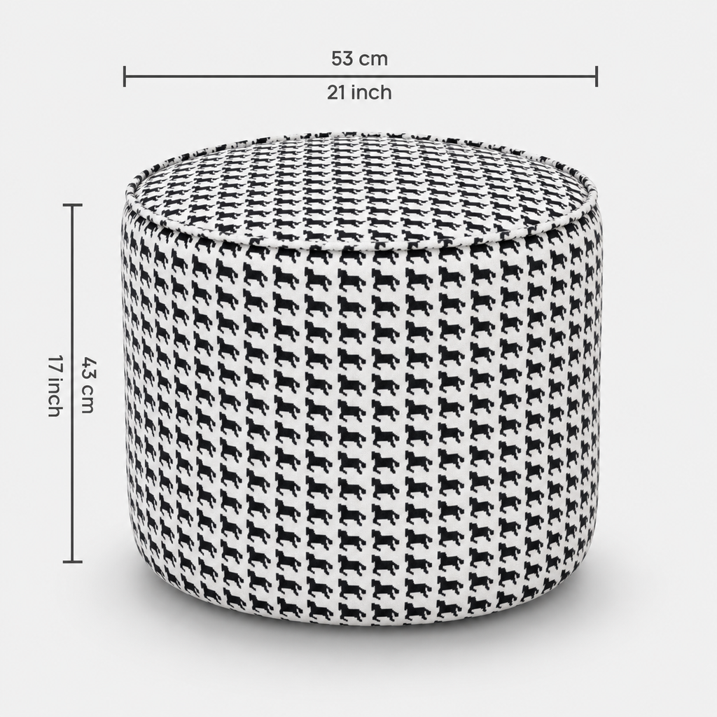 Regent Classic Houndstooth Premium Polyester Fabric Ottoman Pouffe in White & Black