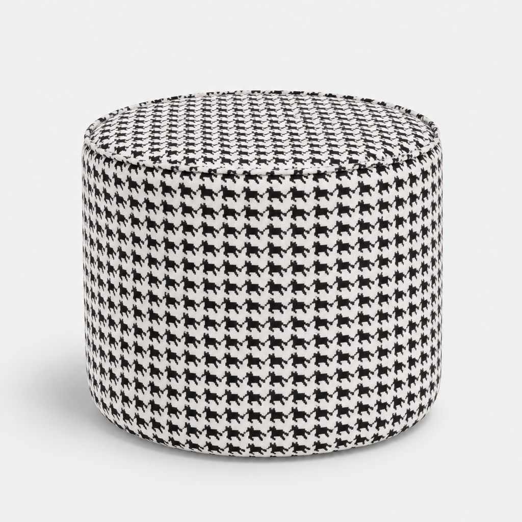 Regent Classic Houndstooth Premium Polyester Fabric Ottoman Pouffe in White & Black