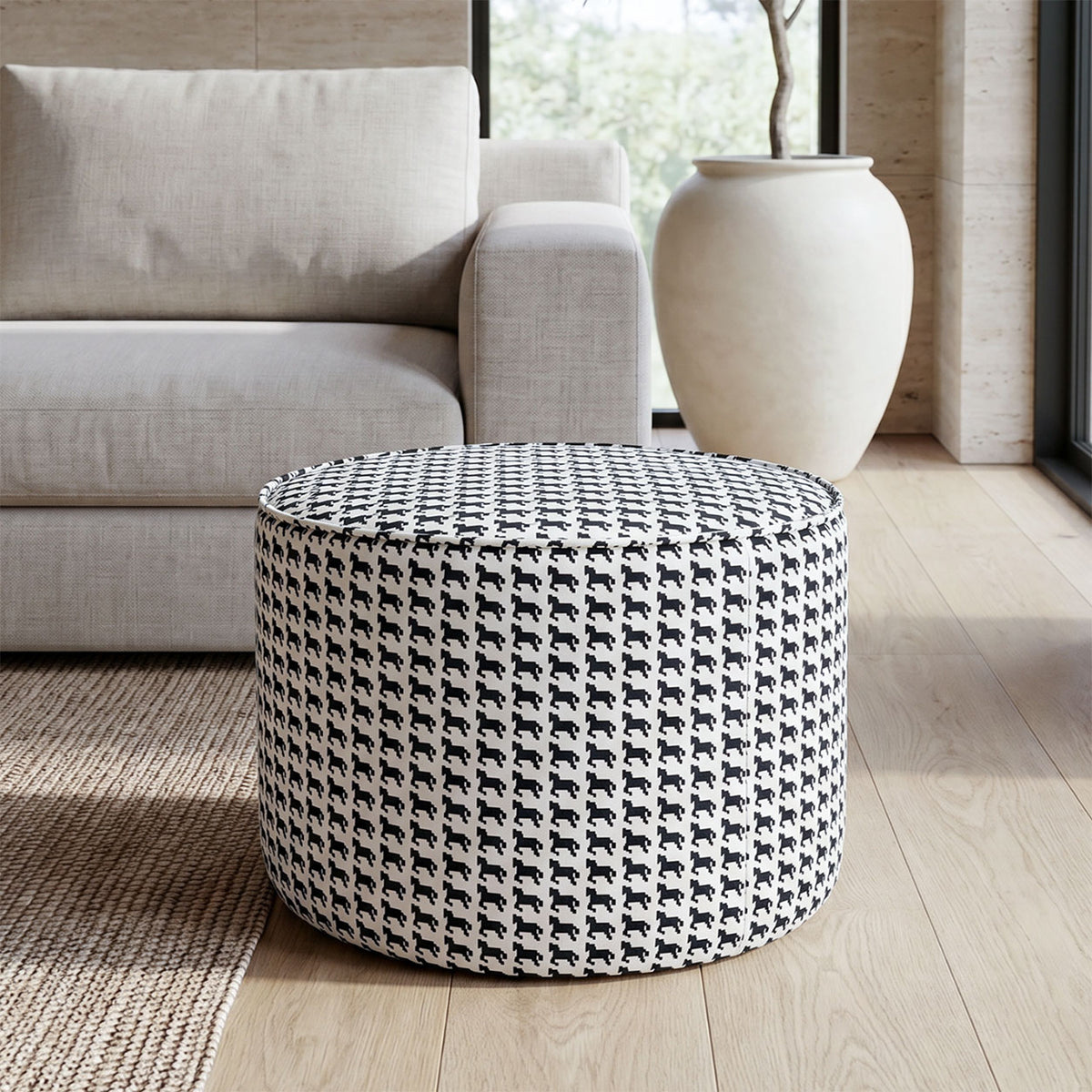 Regent Classic Houndstooth Premium Polyester Fabric Ottoman Pouffe in White & Black