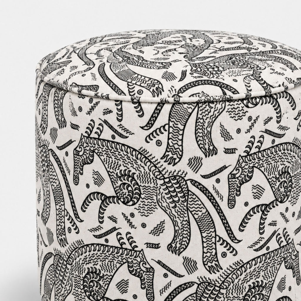 Regent Safari Sketch Premium Polyester Fabric Ottoman Pouffe in White & Black