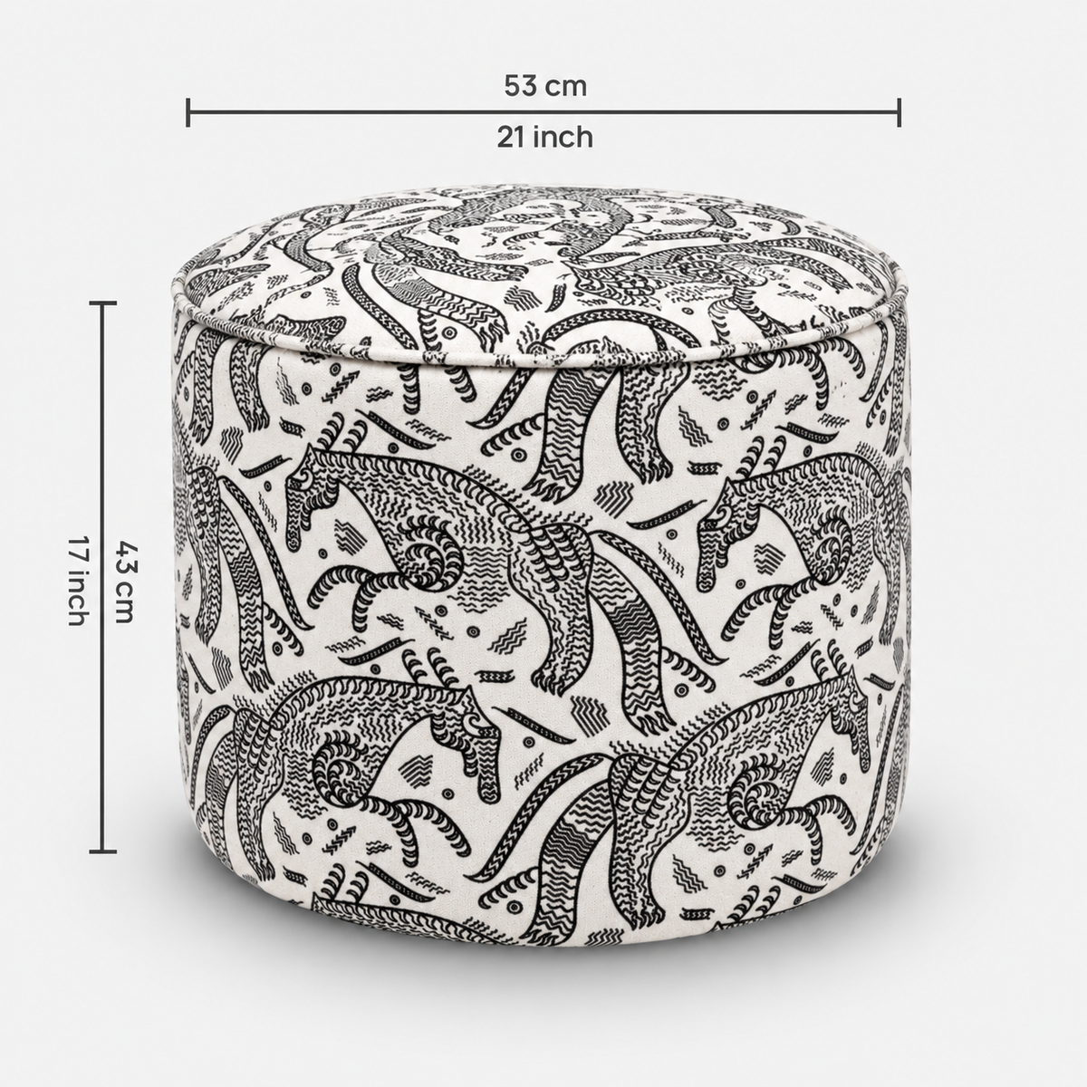Regent Safari Sketch Premium Polyester Fabric Ottoman Pouffe in White & Black