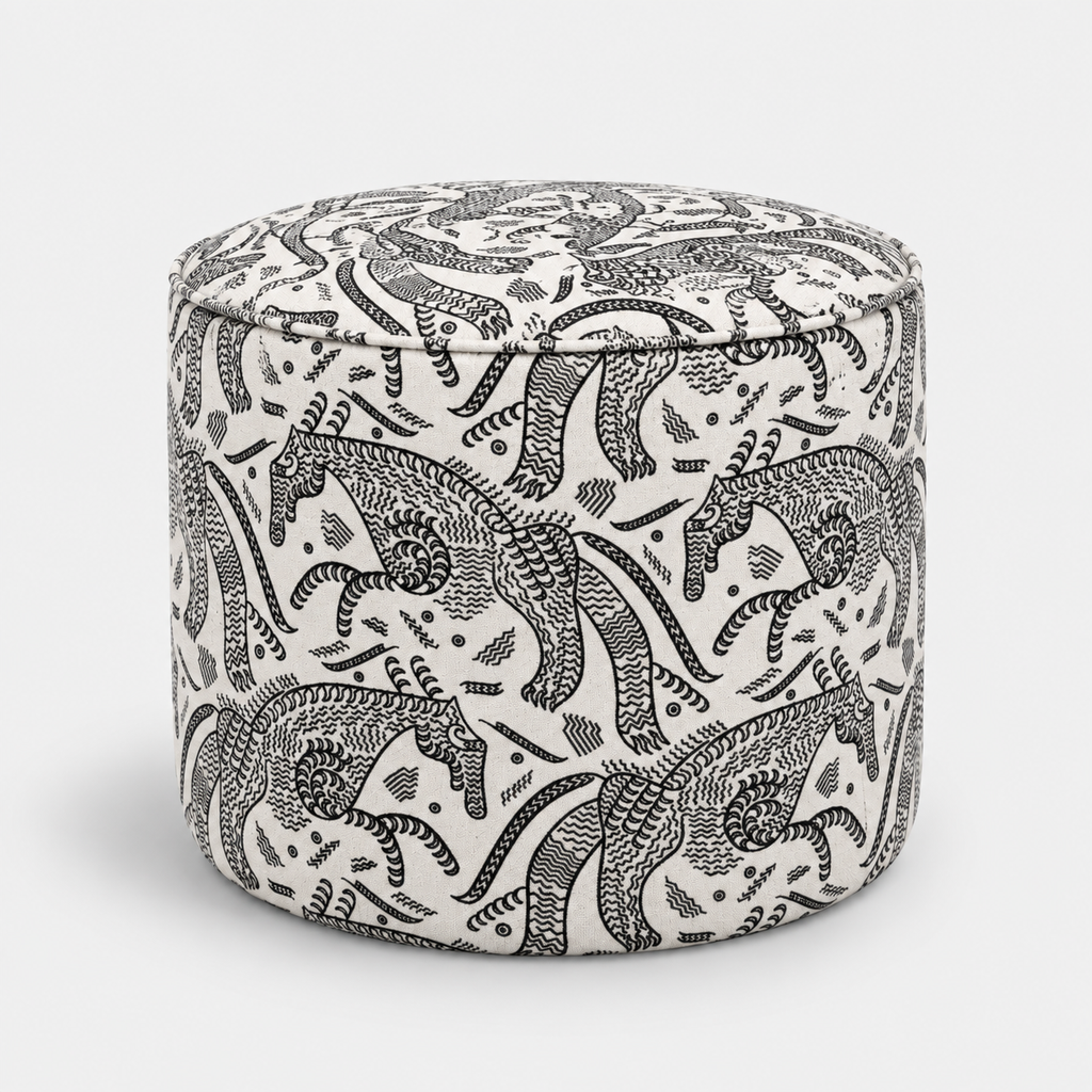 Regent Safari Sketch Premium Polyester Fabric Ottoman Pouffe in White & Black