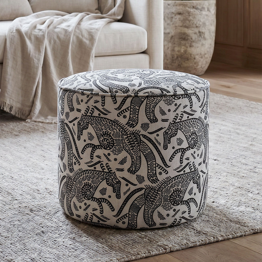 Regent Safari Sketch Premium Polyester Fabric Ottoman Pouffe in White & Black