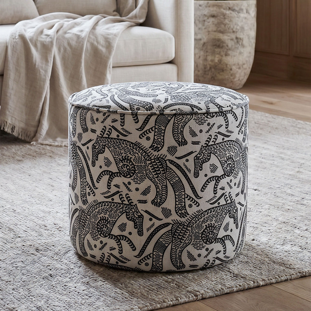 Regent Safari Sketch Premium Polyester Fabric Ottoman Pouffe in White & Black
