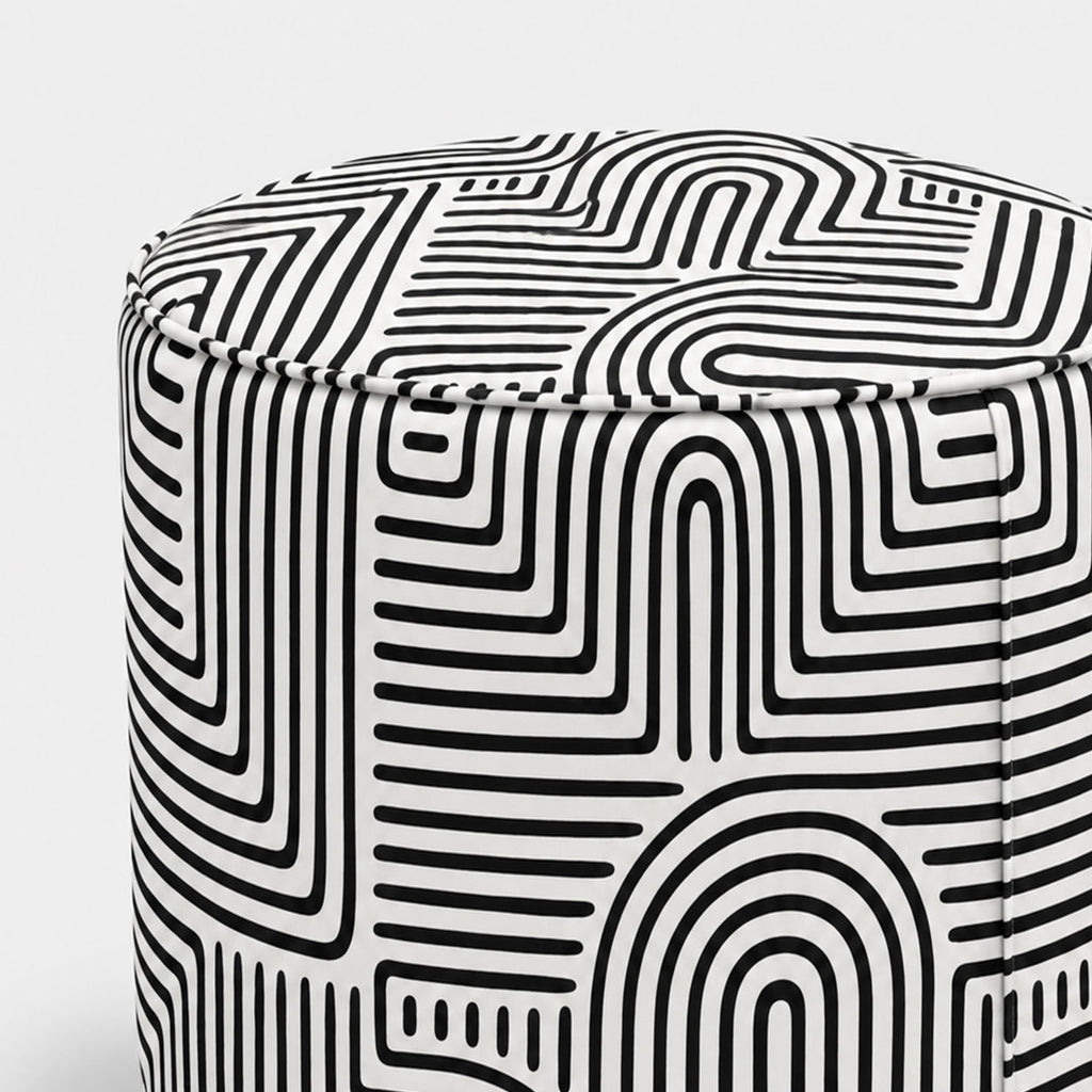 Regent Urban Maze Premium Polyester Fabric Ottoman Pouffe in White & Black