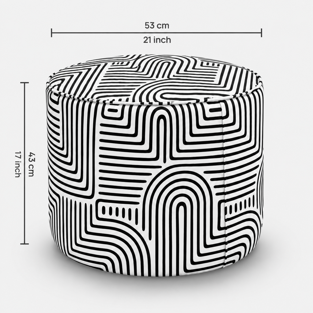 Regent Urban Maze Premium Polyester Fabric Ottoman Pouffe in White & Black