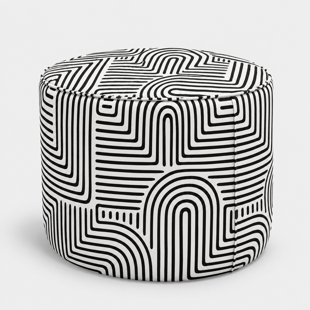 Regent Urban Maze Premium Polyester Fabric Ottoman Pouffe in White & Black