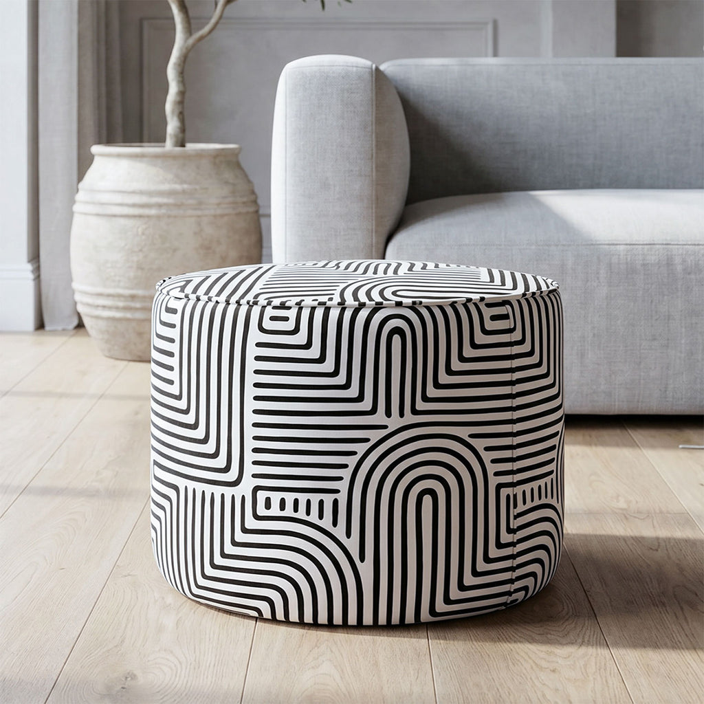 Regent Urban Maze Premium Polyester Fabric Ottoman Pouffe in White & Black