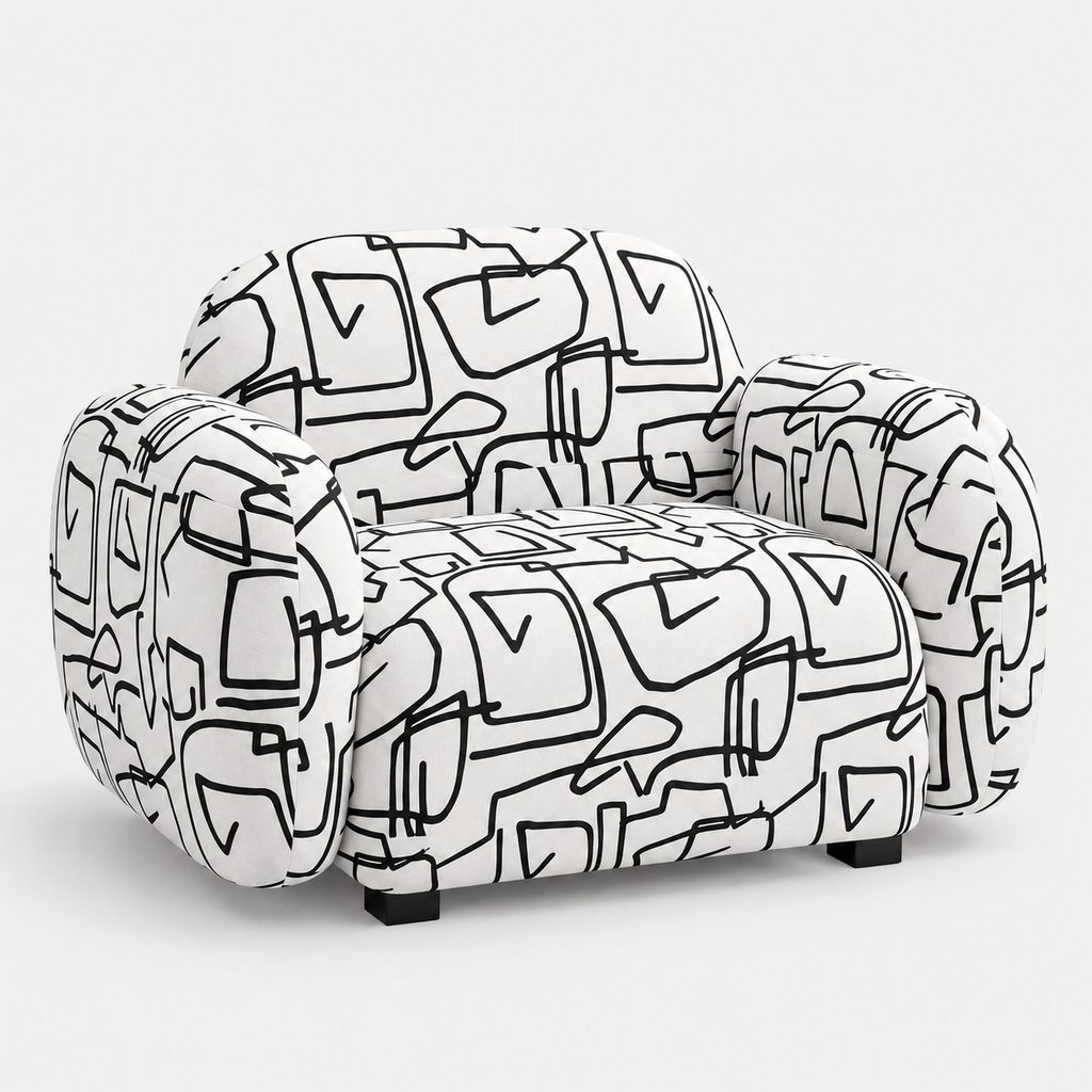 Royale Abstract Linear 1 Seater Premium Polyester Upholstered Sofa in White & Black