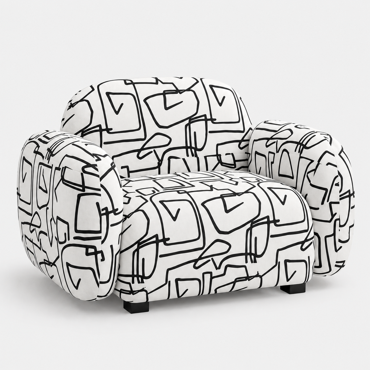 Royale Abstract Linear 1 Seater Premium Polyester Upholstered Sofa in White & Black