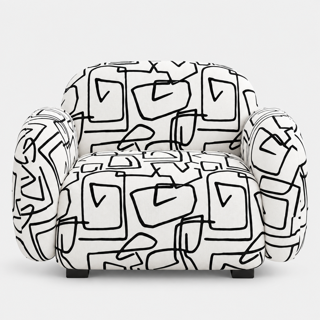 Royale Abstract Linear 1 Seater Premium Polyester Upholstered Sofa in White & Black