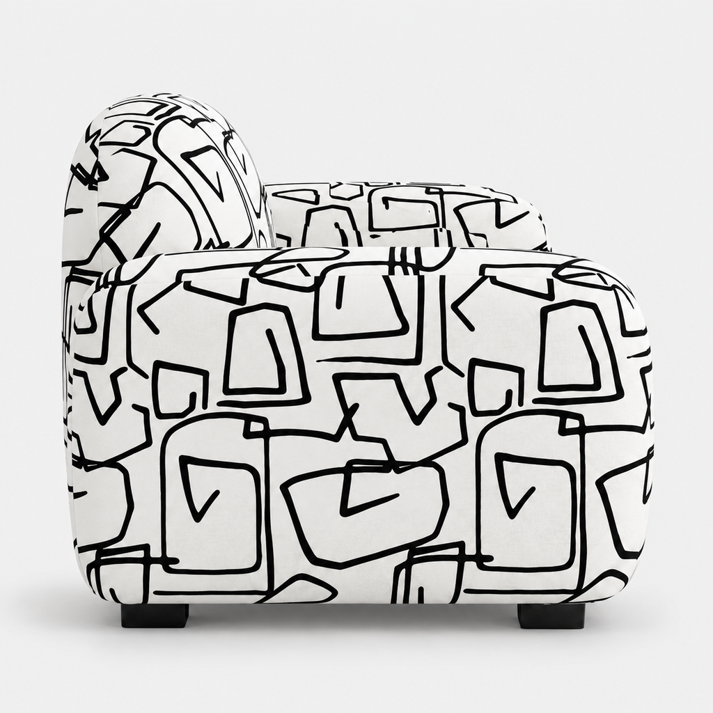 Royale Abstract Linear 1 Seater Premium Polyester Upholstered Sofa in White & Black