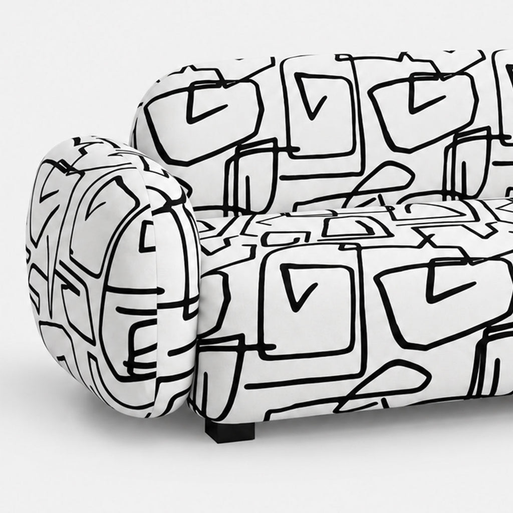 Royale Abstract Linear 2 Seater Premium Polyester Upholstered Sofa in White & Black