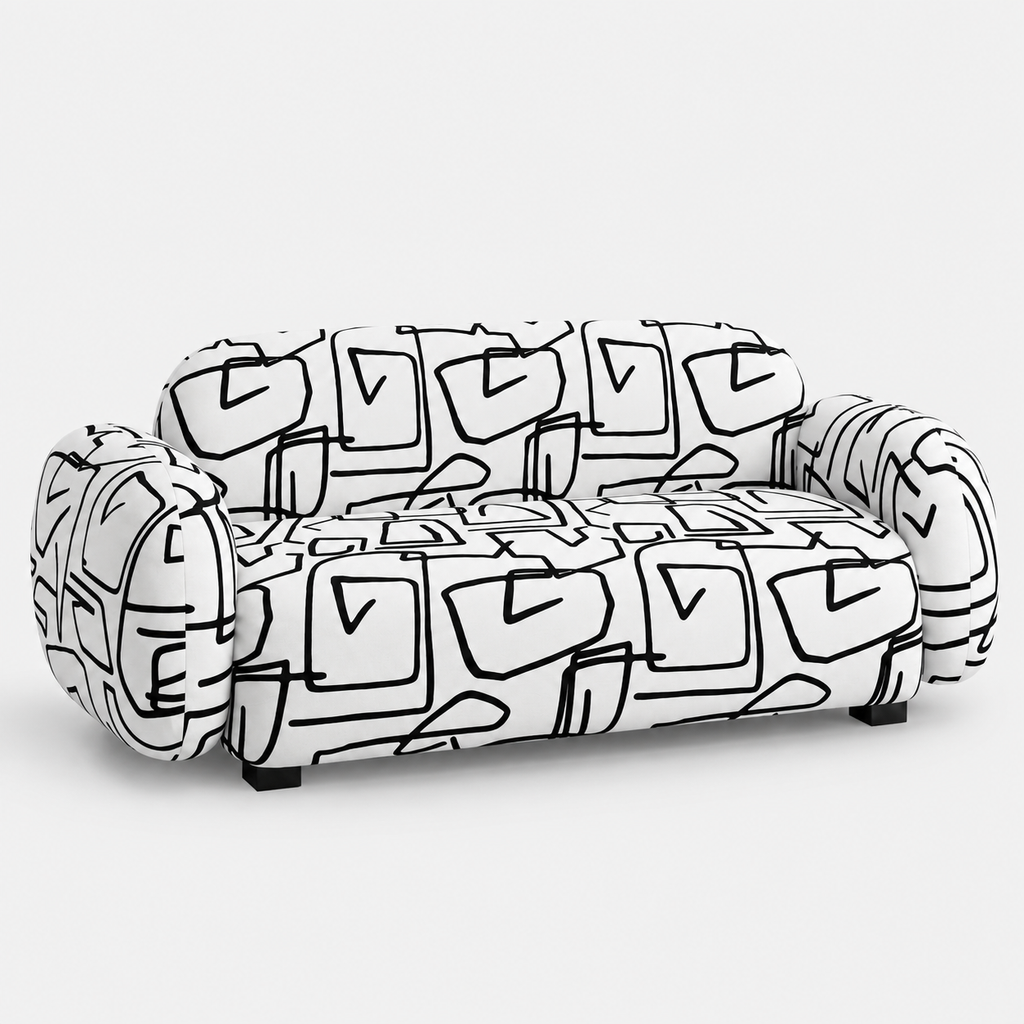 Royale Abstract Linear 2 Seater Premium Polyester Upholstered Sofa in White & Black