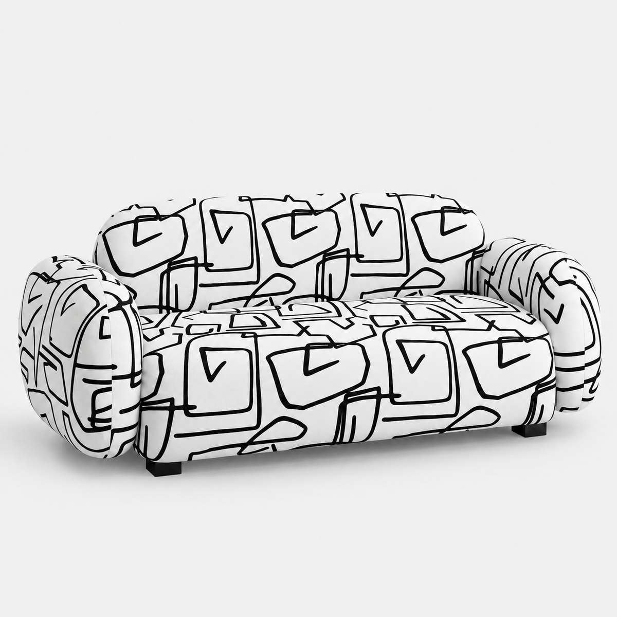 Royale Abstract Linear 2 Seater Premium Polyester Upholstered Sofa in White & Black