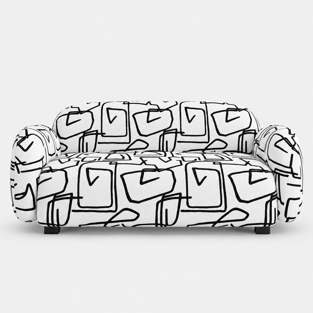 Royale Abstract Linear 2 Seater Premium Polyester Upholstered Sofa in White & Black