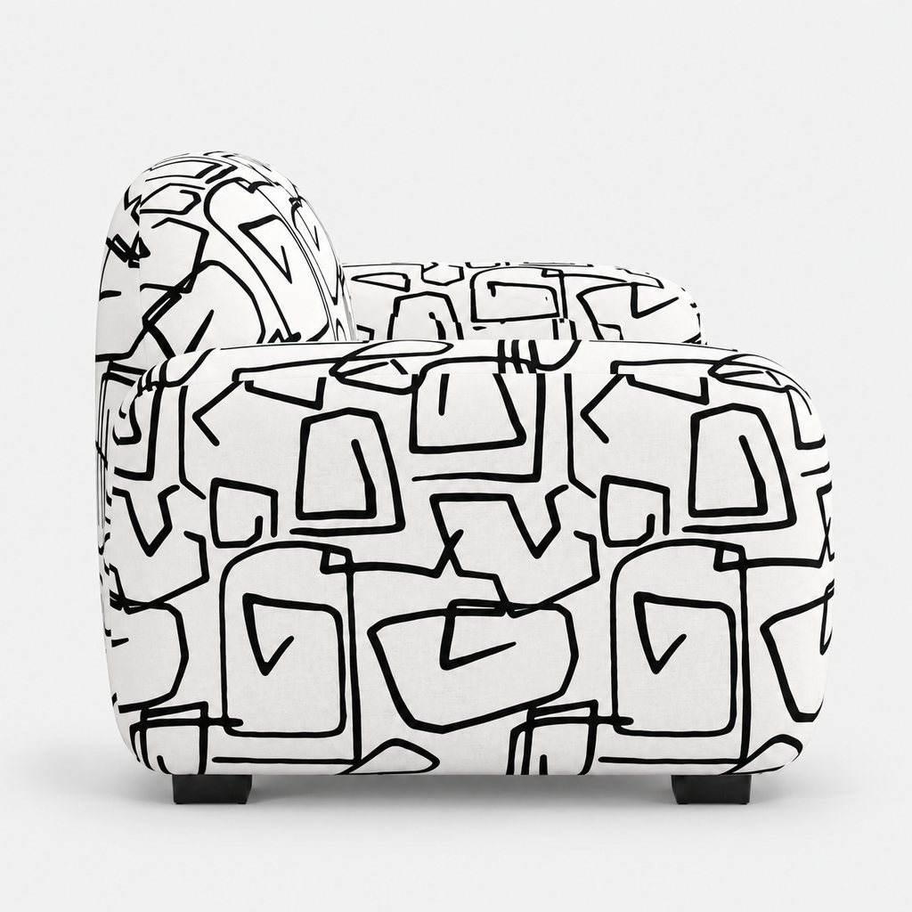 Royale Abstract Linear 2 Seater Premium Polyester Upholstered Sofa in White & Black