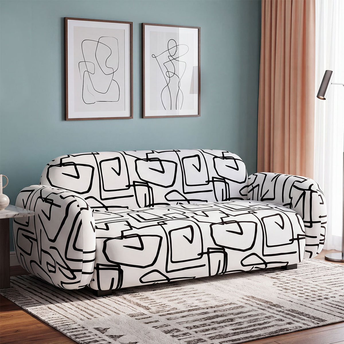 Royale Abstract Linear 2 Seater Premium Polyester Upholstered Sofa in White & Black