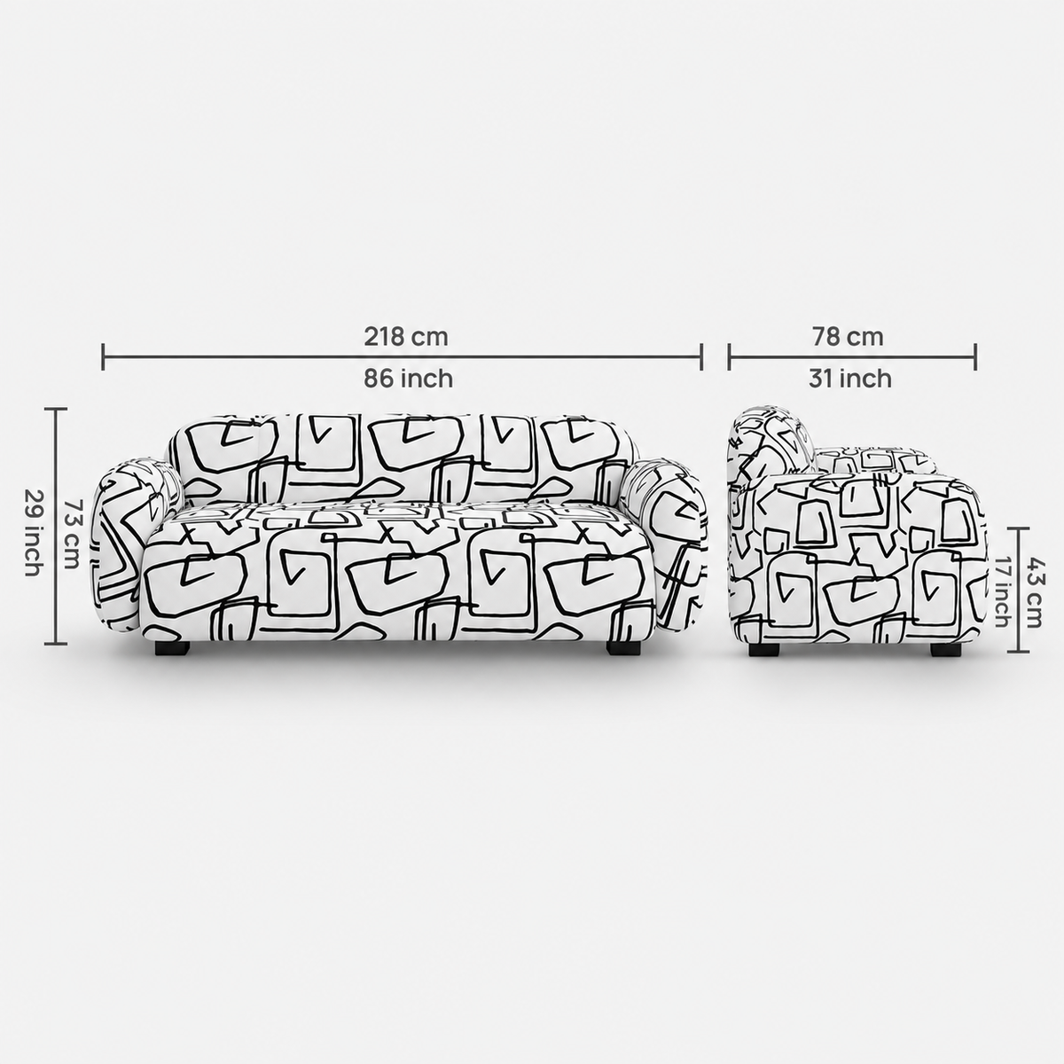 Royale Abstract Linear 3 Seater Premium Polyester Upholstered Sofa in White & Black