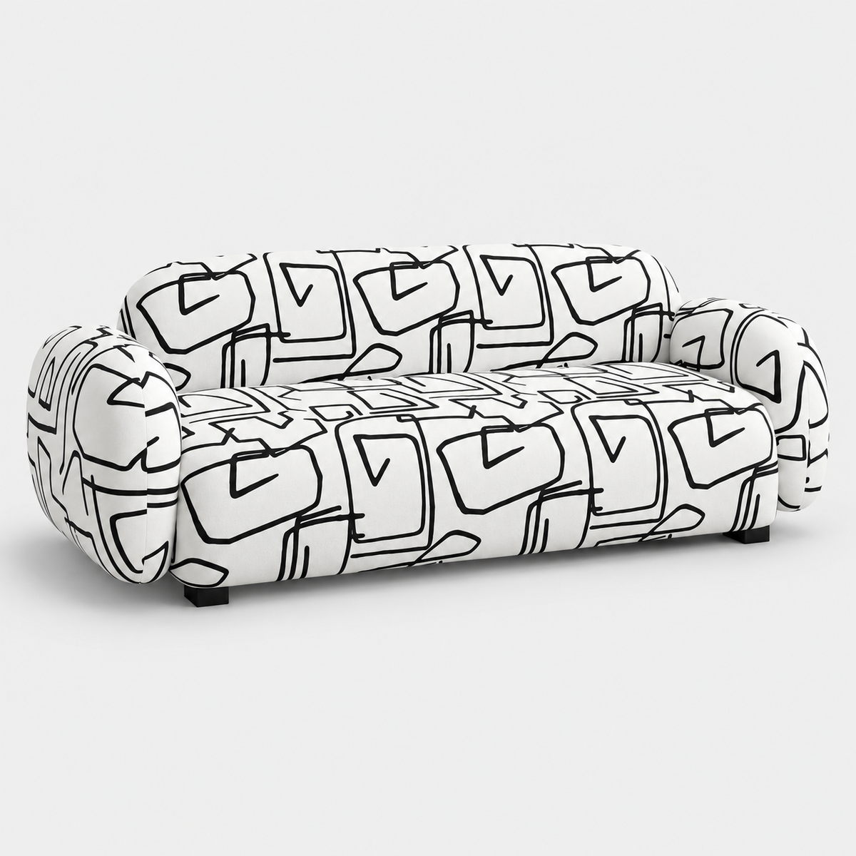 Royale Abstract Linear 3 Seater Premium Polyester Upholstered Sofa in White & Black