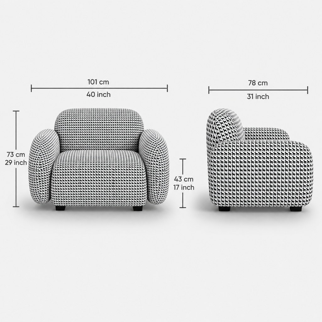 Royale Classic Houndstooth 1 Seater Premium Polyester Upholstered Sofa in White & Black