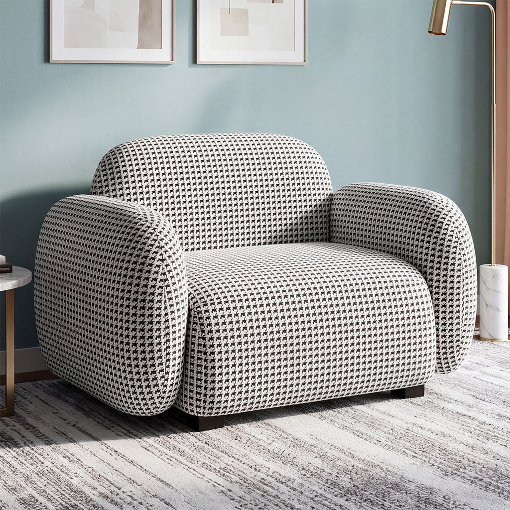 Royale Classic Houndstooth 1 Seater Premium Polyester Upholstered Sofa in White & Black