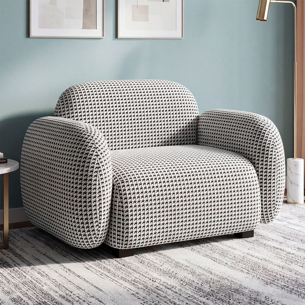 Royale Classic Houndstooth 1 Seater Premium Polyester Upholstered Sofa in White & Black