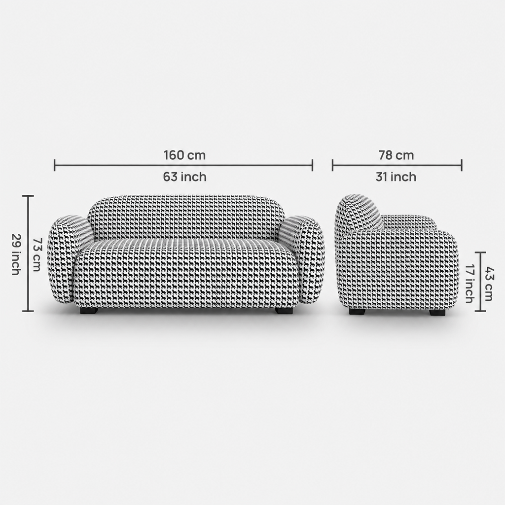 Royale Classic Houndstooth 2 Seater Premium Polyester Upholstered Sofa in White & Black