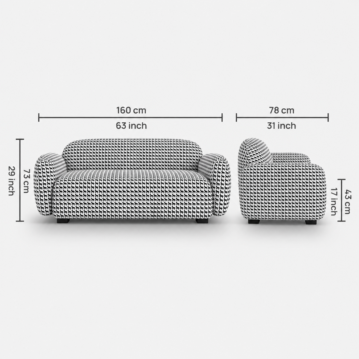 Royale Classic Houndstooth 2 Seater Premium Polyester Upholstered Sofa in White & Black
